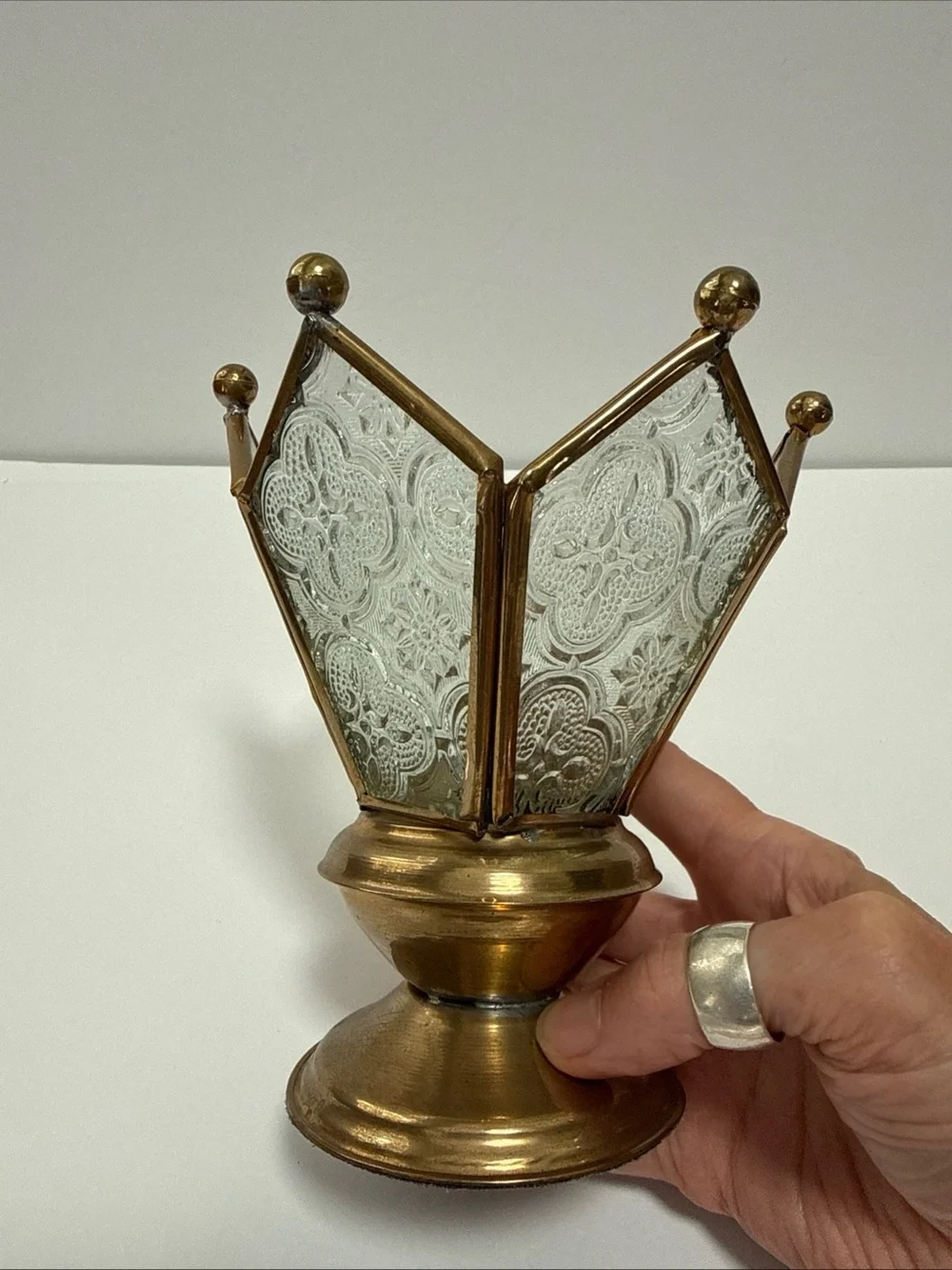 Vintage Crown Glass & Brass Decorative Votive Holder - Gold & Clear India fairy
